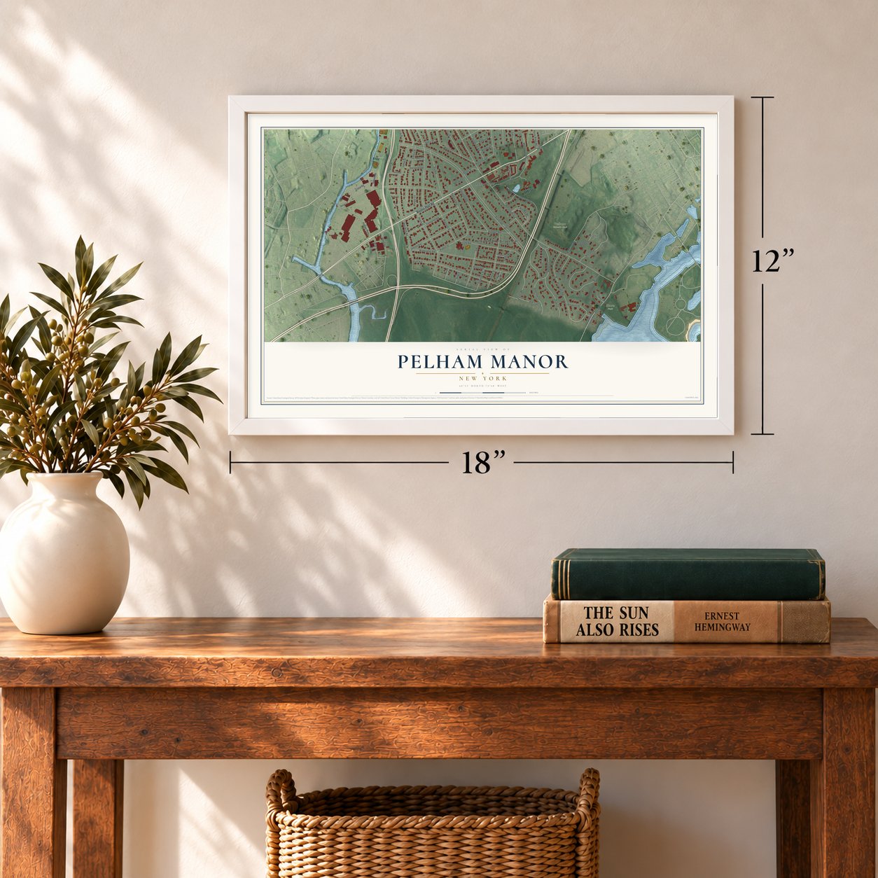Pelham Manor, New York map, 12 x 18 inch print in a white frame in an entryway