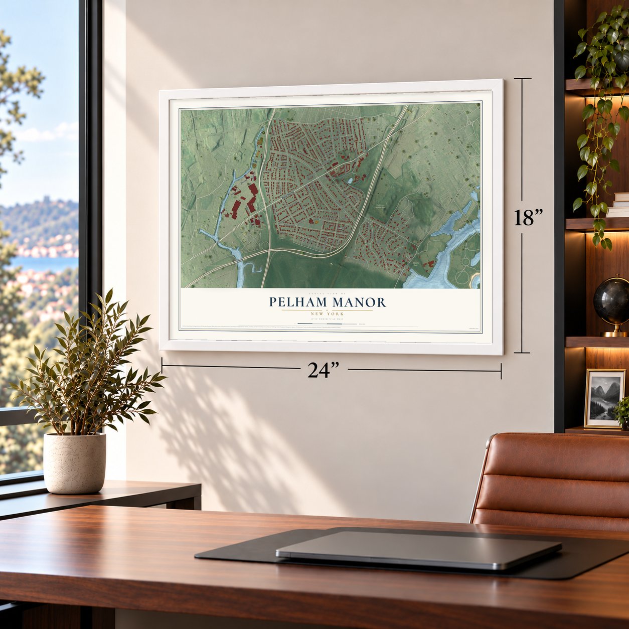 Pelham Manor, New York map, 18 x 24 inch print in a white frame in a home office