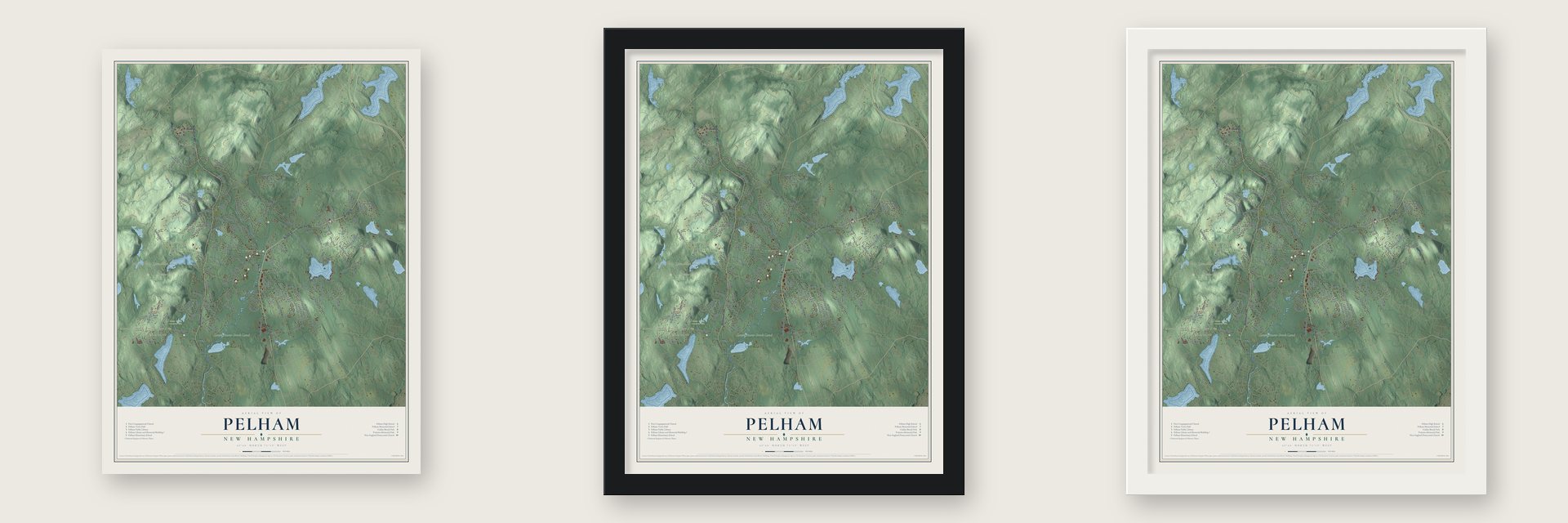 Pelham, New Hampshire map unframed, in a black wood frame and in a white wood frame