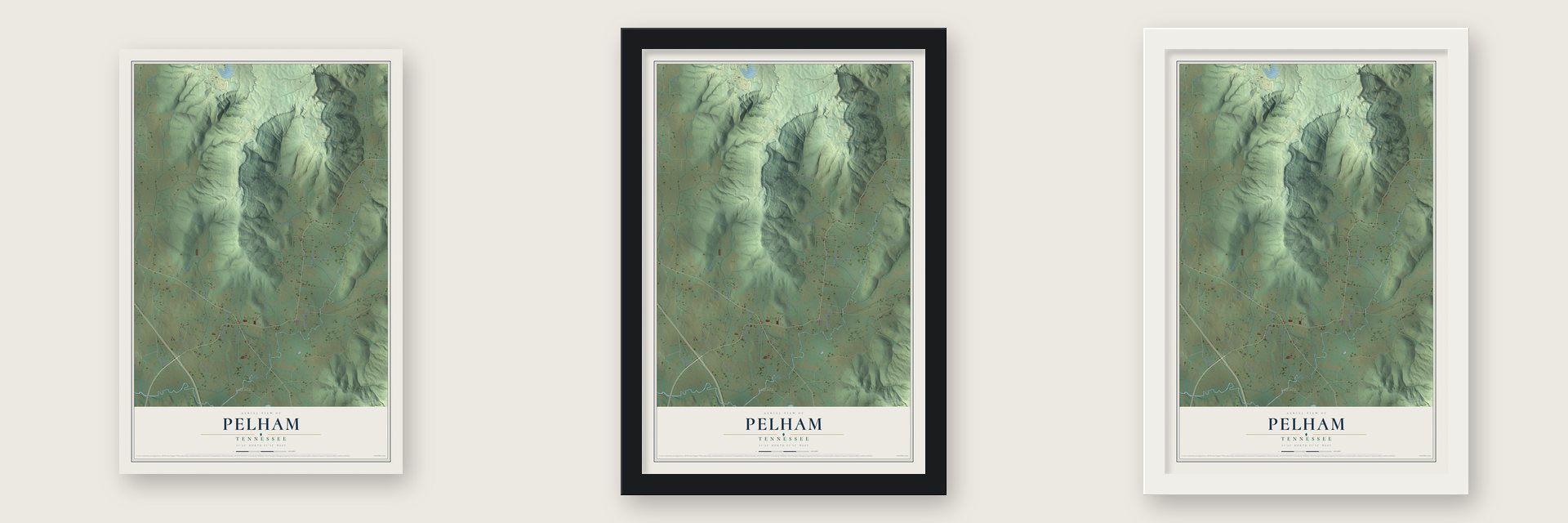 Pelham, Tennessee map unframed, in a black wood frame and in a white wood frame