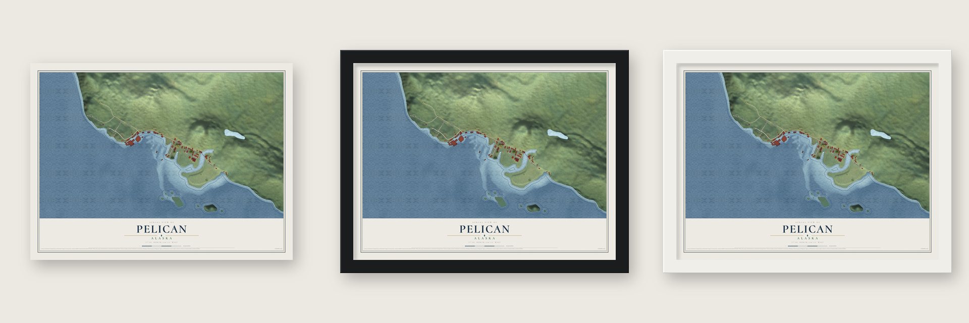 Pelican, Alaska map unframed, in a black wood frame and in a white wood frame