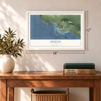 Pelican, Alaska map, 12 x 18 inch print in a white frame in an entryway