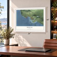 Pelican, Alaska map, 18 x 24 inch print in a white frame in a home office