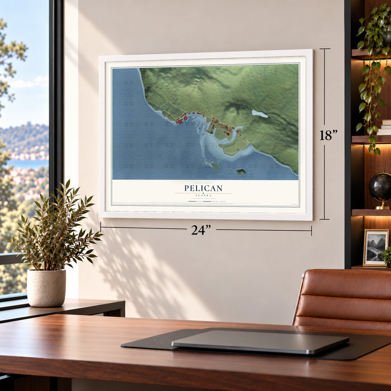 Pelican, Alaska map, 18 x 24 inch print in a white frame in a home office