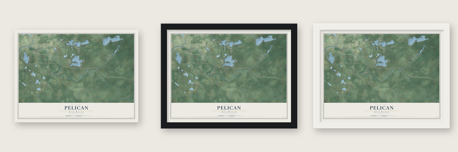 Pelican, Wisconsin map unframed, in a black wood frame and in a white wood frame