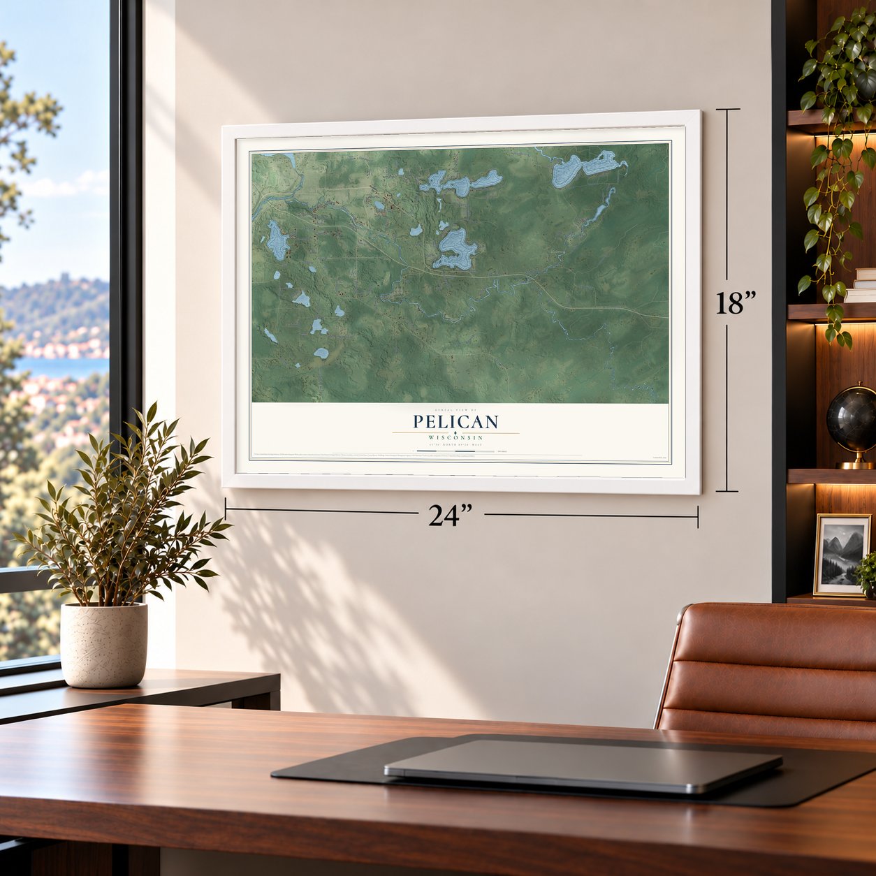 Pelican, Wisconsin map, 18 x 24 inch print in a white frame in a home office