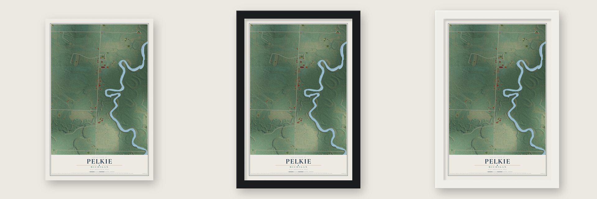 Pelkie, Michigan map unframed, in a black wood frame and in a white wood frame