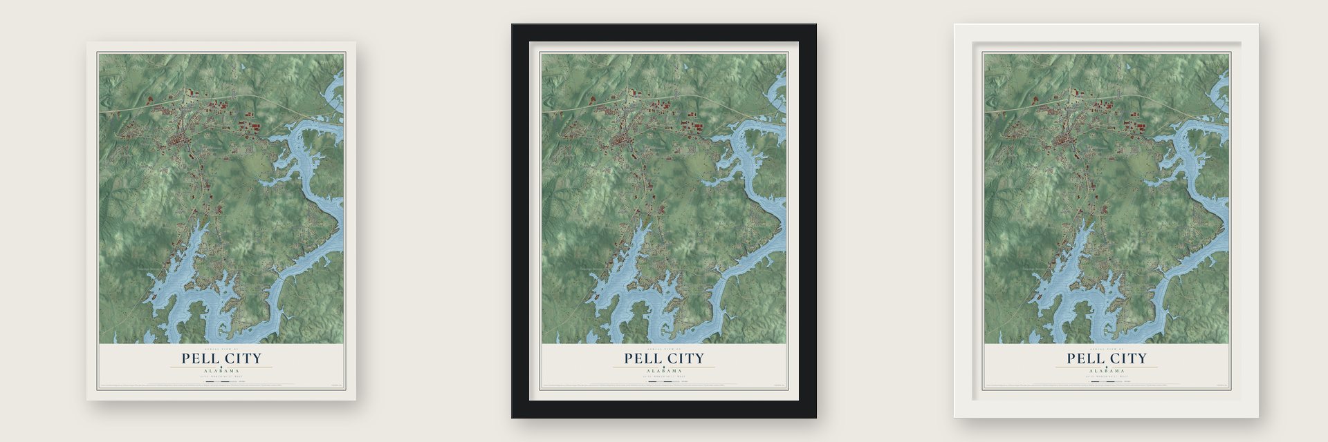 Pell City, Alabama map unframed, in a black wood frame and in a white wood frame