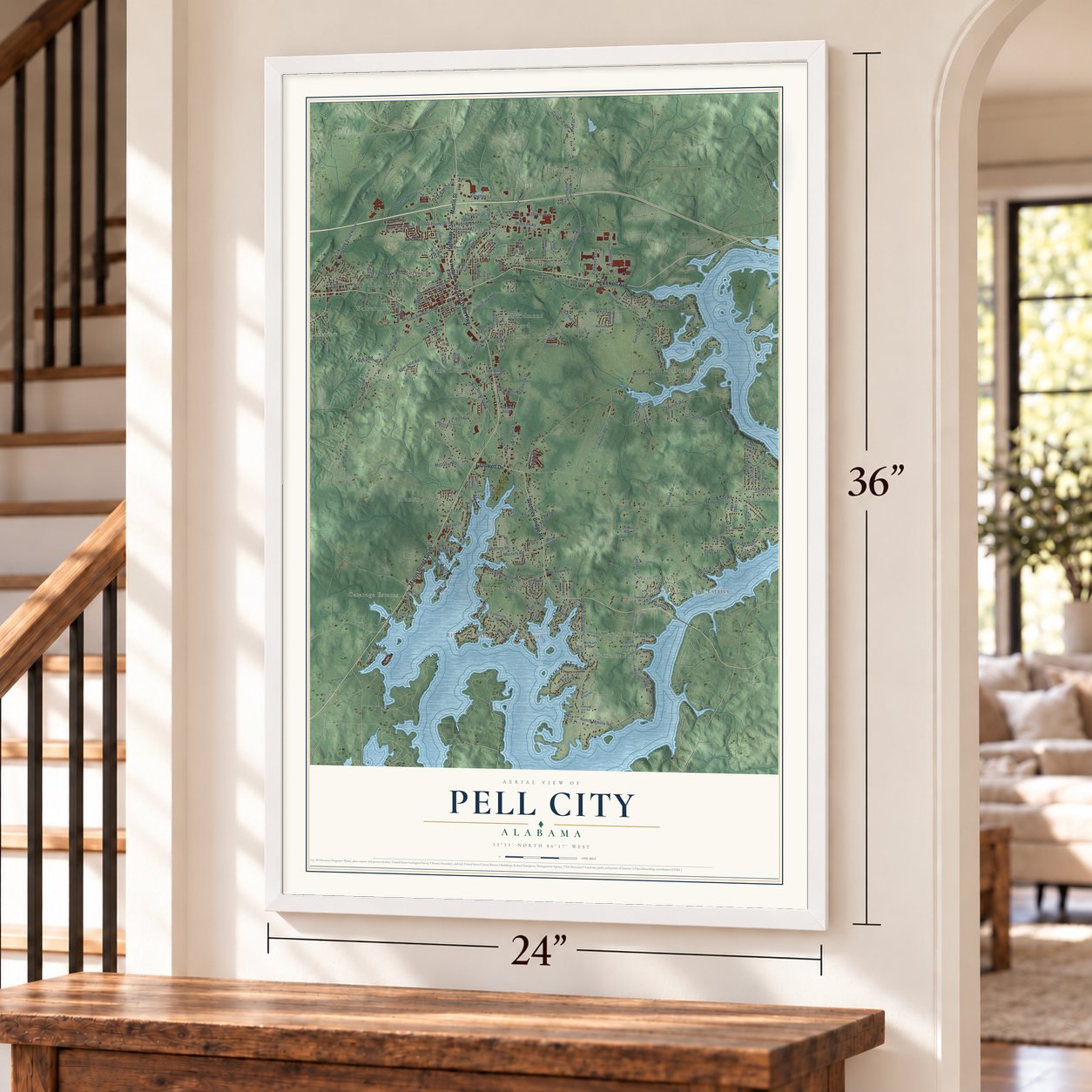 Pell City, Alabama map, 24 x 36 inch print in a white frame by a staircase
