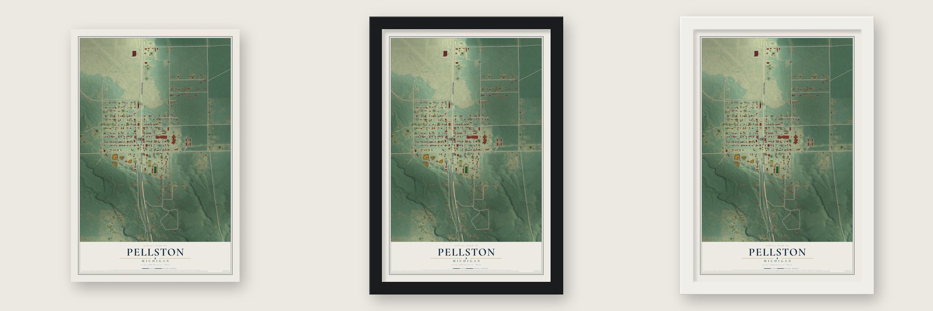 Pellston, Michigan map unframed, in a black wood frame and in a white wood frame