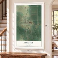 Pellston, Michigan map, 24 x 36 inch print in a white frame by a staircase