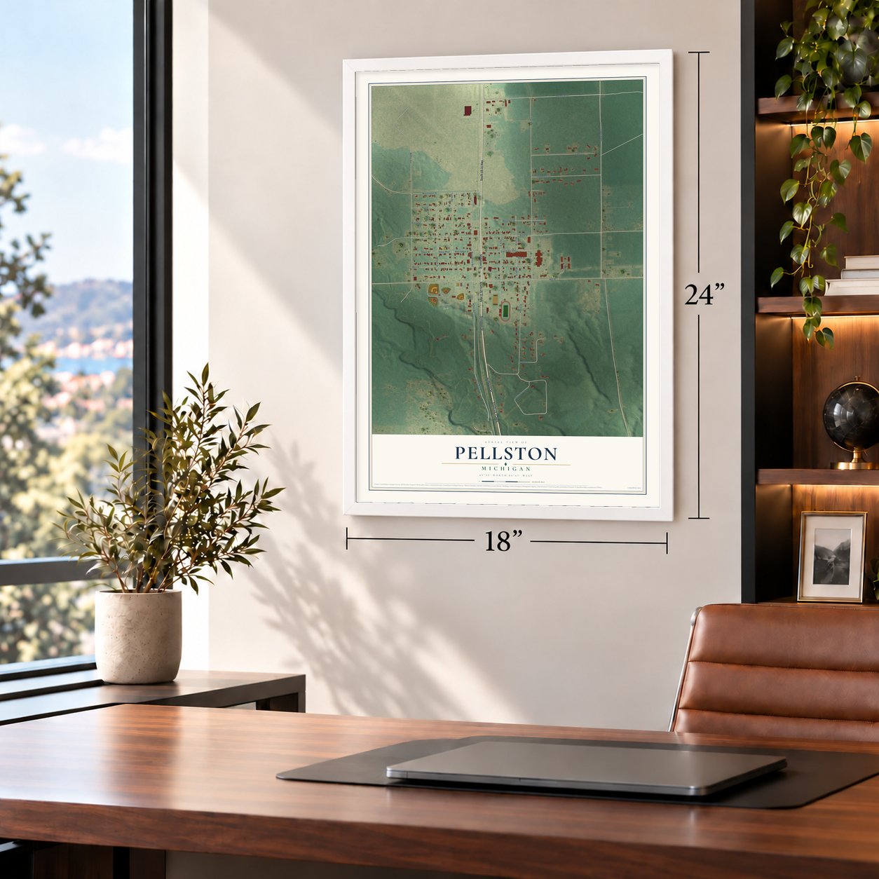 Pellston, Michigan map, 18 x 24 inch print in a white frame in a home office