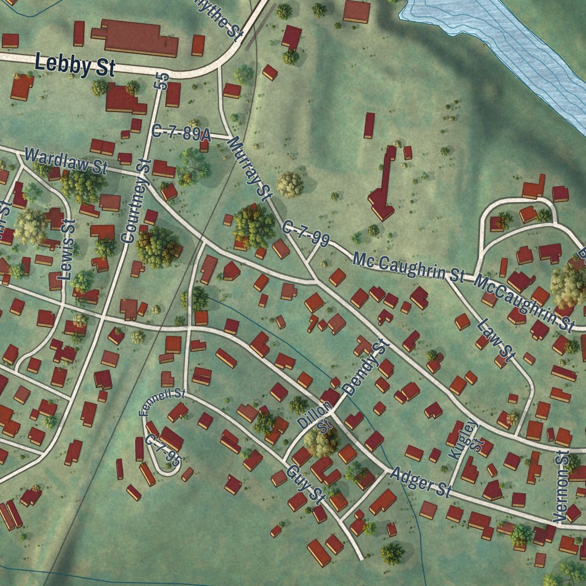 Second close-up of the map of Pelzer, South Carolina print showing more streets and buildings