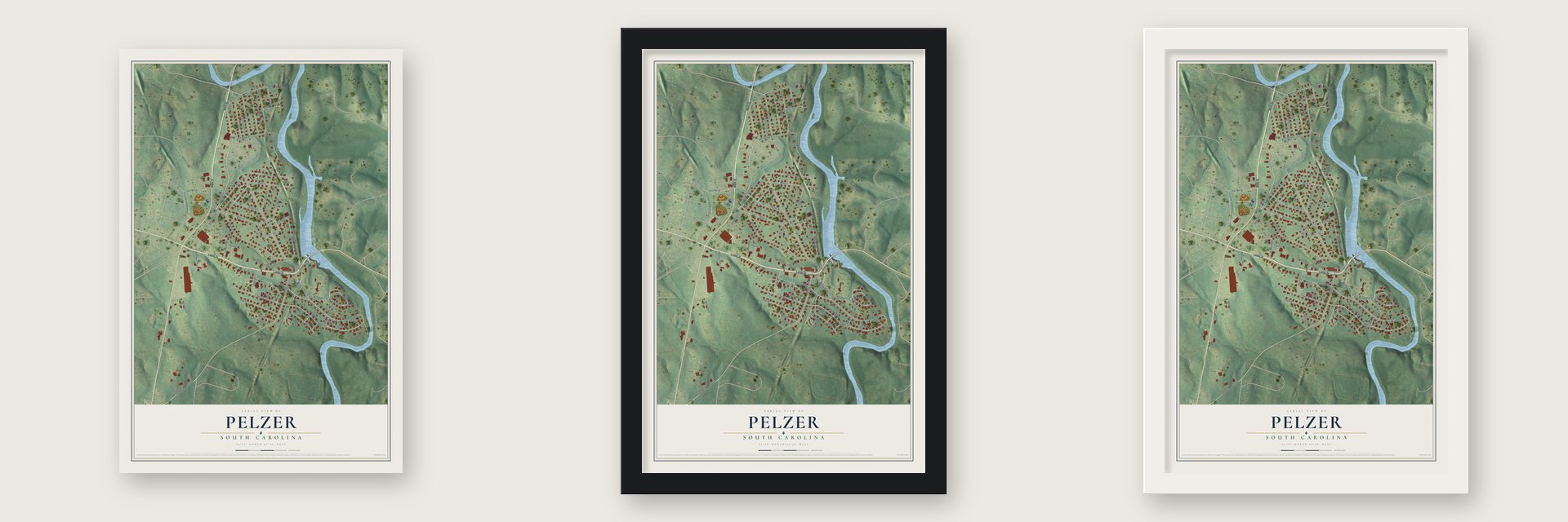 Pelzer, South Carolina map unframed, in a black wood frame and in a white wood frame