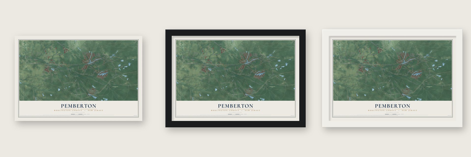 Pemberton, Burlington County, New Jersey map unframed, in a black wood frame and in a white wood frame