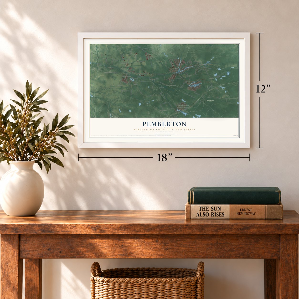 Pemberton, Burlington County, New Jersey map, 12 x 18 inch print in a white frame in an entryway