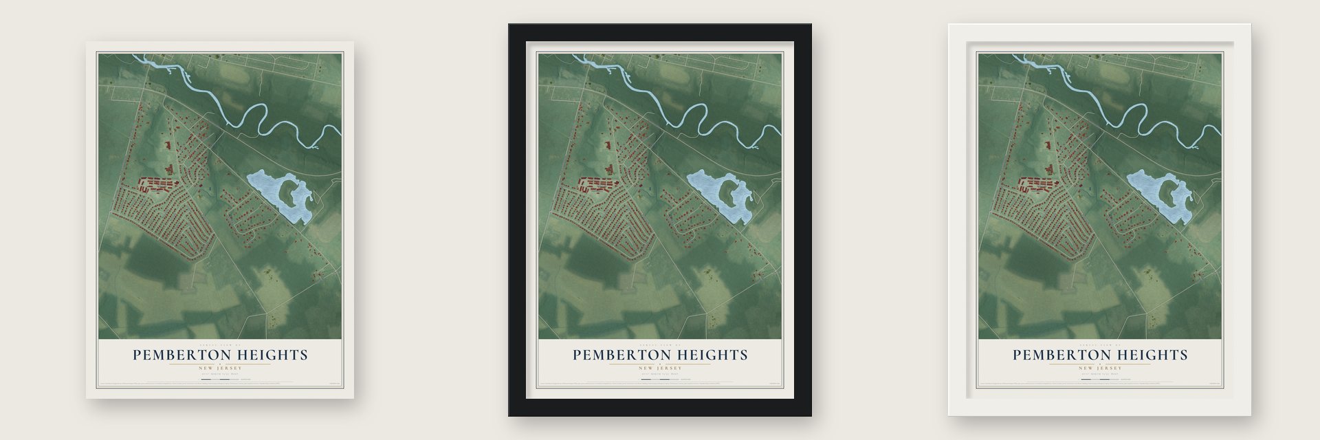 Pemberton Heights, New Jersey map unframed, in a black wood frame and in a white wood frame