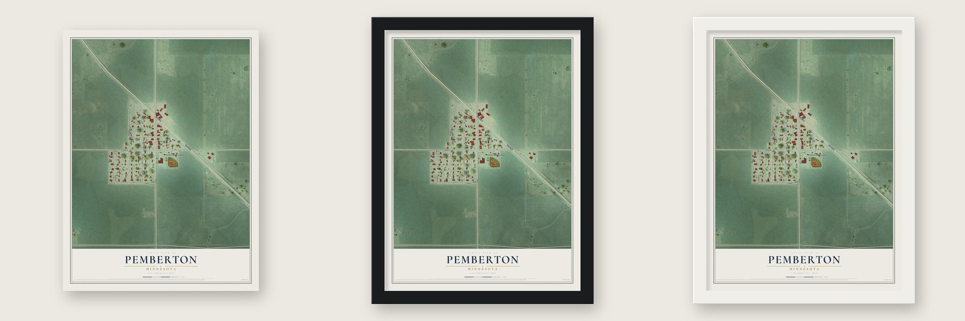 Pemberton, Minnesota map unframed, in a black wood frame and in a white wood frame