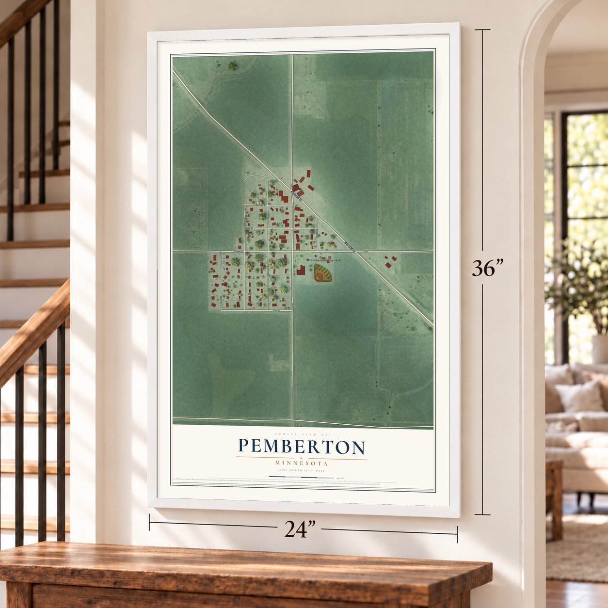 Pemberton, Minnesota map, 24 x 36 inch print in a white frame by a staircase