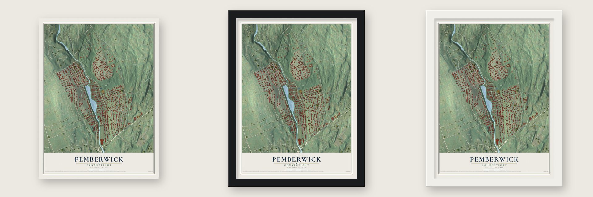 Pemberwick, Connecticut map unframed, in a black wood frame and in a white wood frame