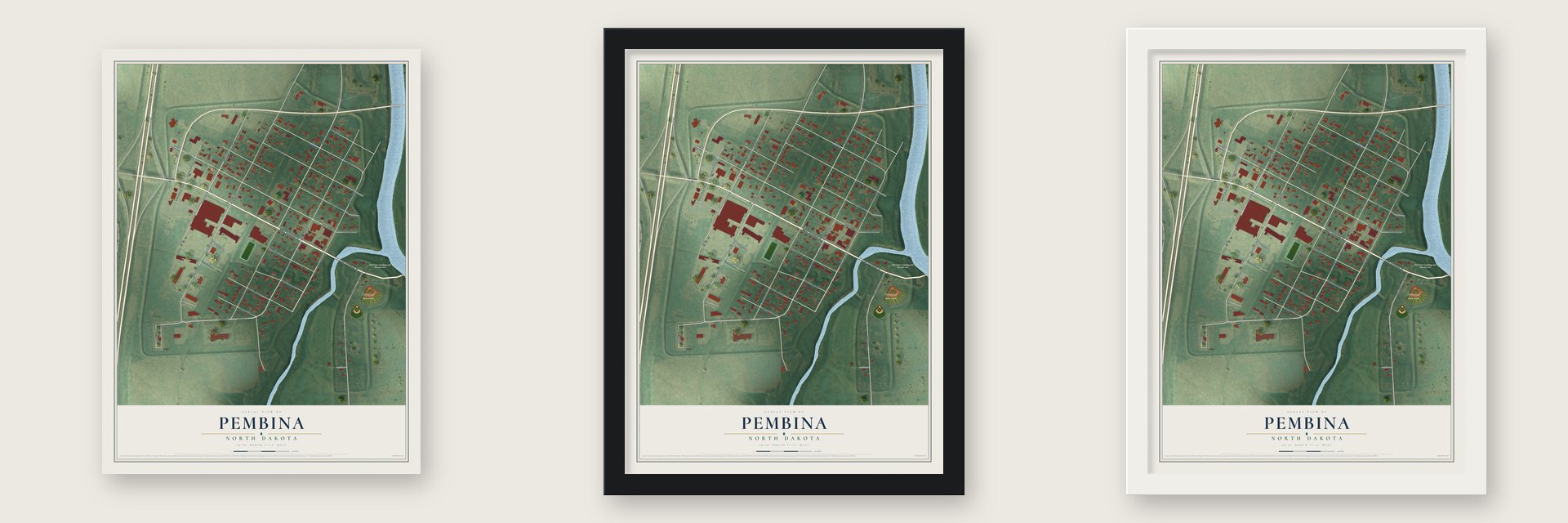 Pembina, North Dakota map unframed, in a black wood frame and in a white wood frame