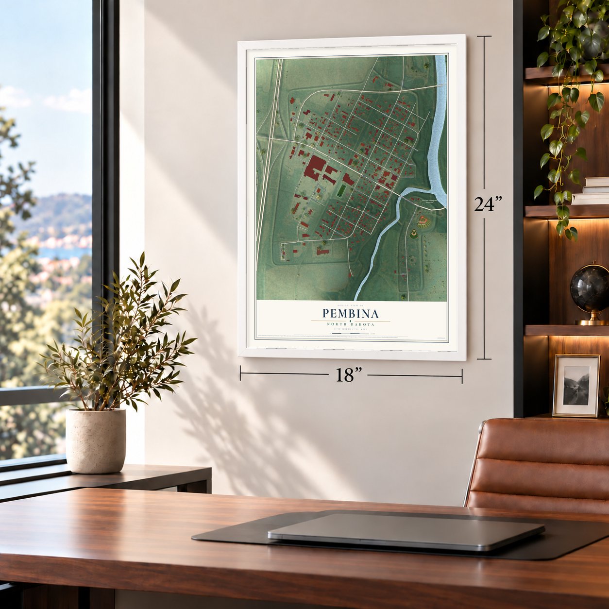 Pembina, North Dakota map, 18 x 24 inch print in a white frame in a home office