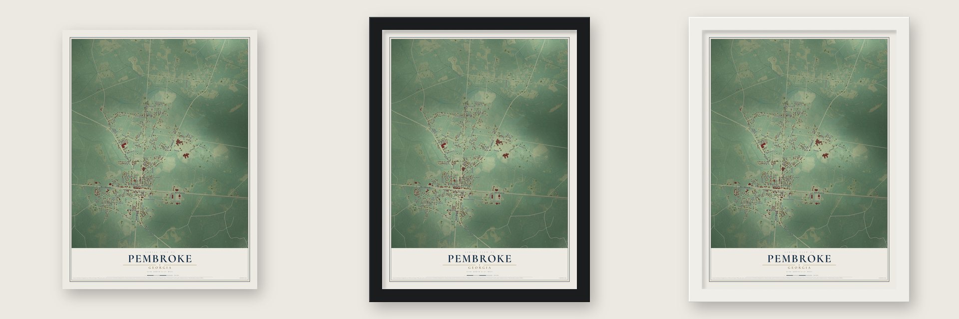 Pembroke, Georgia map unframed, in a black wood frame and in a white wood frame