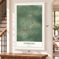 Pembroke, Georgia map, 24 x 36 inch print in a white frame by a staircase
