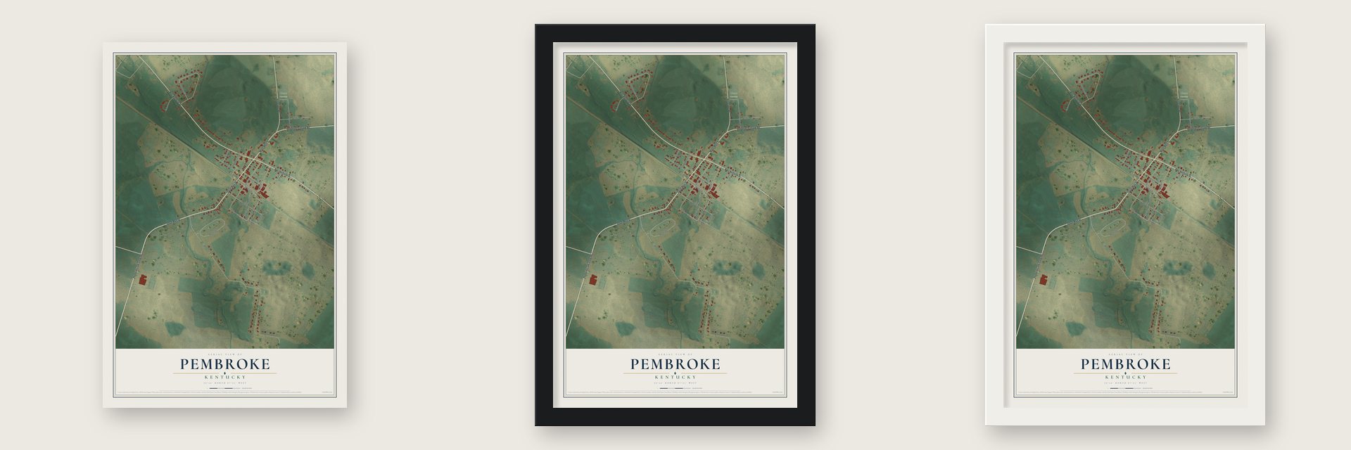 Pembroke, Kentucky map unframed, in a black wood frame and in a white wood frame