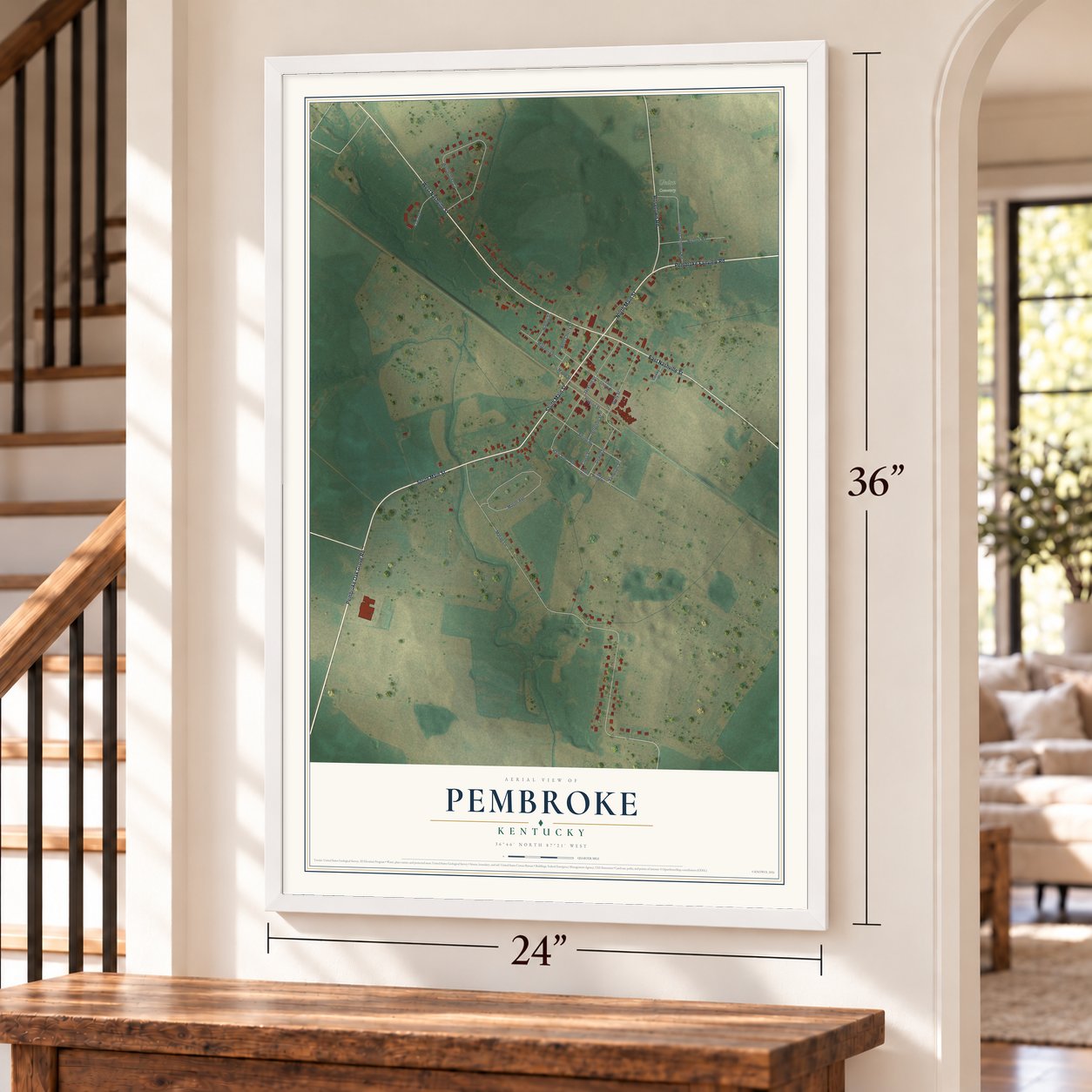 Pembroke, Kentucky map, 24 x 36 inch print in a white frame by a staircase