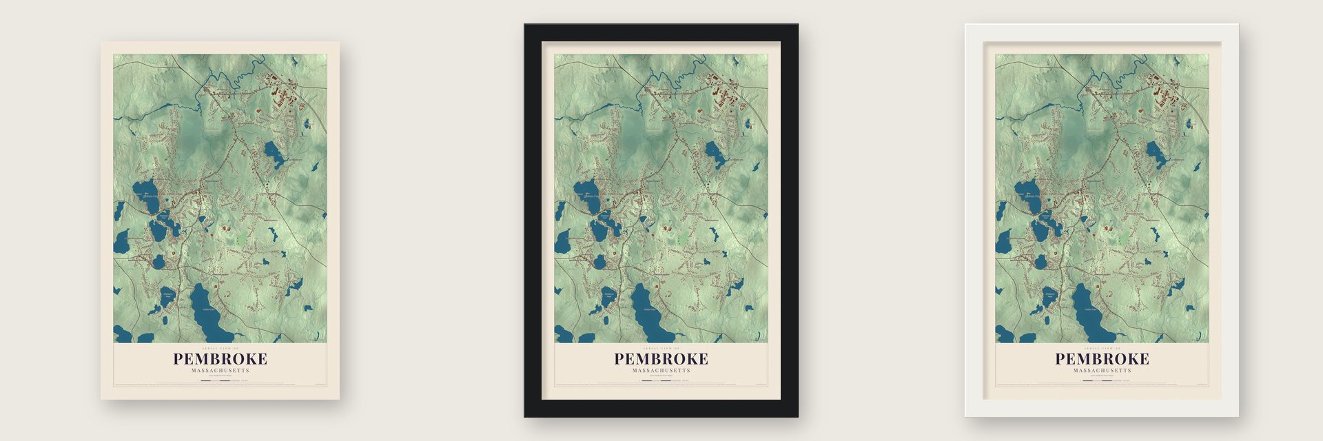 Pembroke, Massachusetts map unframed, in a black wood frame and in a white wood frame