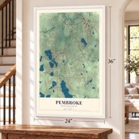 Pembroke, Massachusetts map, 24 x 36 inch print in a white frame by a staircase