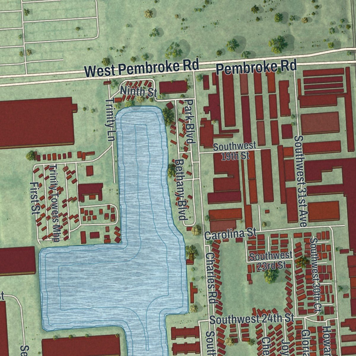 Second close-up of the map of Pembroke Park, Florida print showing more streets and buildings