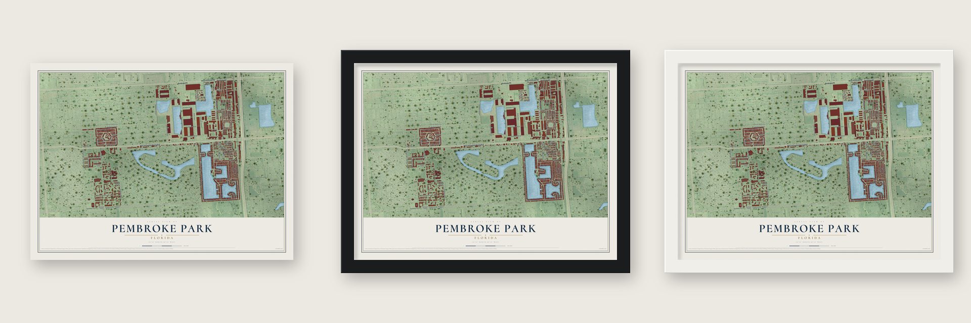 Pembroke Park, Florida map unframed, in a black wood frame and in a white wood frame
