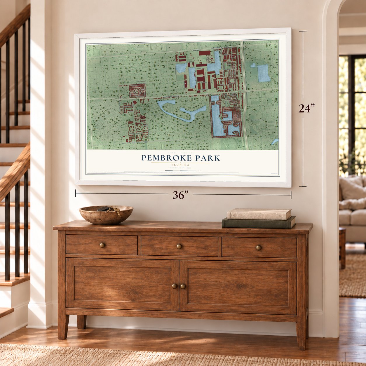 Pembroke Park, Florida map, 24 x 36 inch print in a white frame above a dresser by a staircase