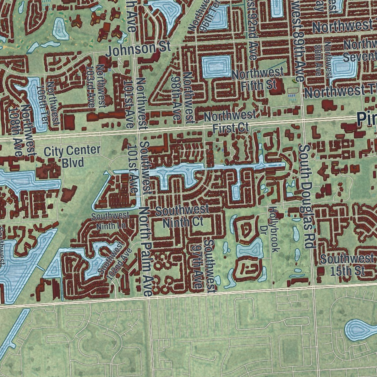 Second close-up of the map of Pembroke Pines, Florida print showing more streets and buildings