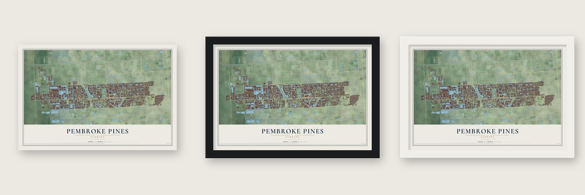 Pembroke Pines, Florida map unframed, in a black wood frame and in a white wood frame