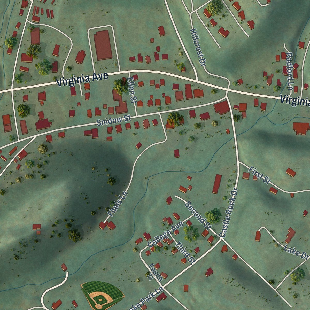 Second close-up of the map of Pembroke, Virginia print showing more streets and buildings