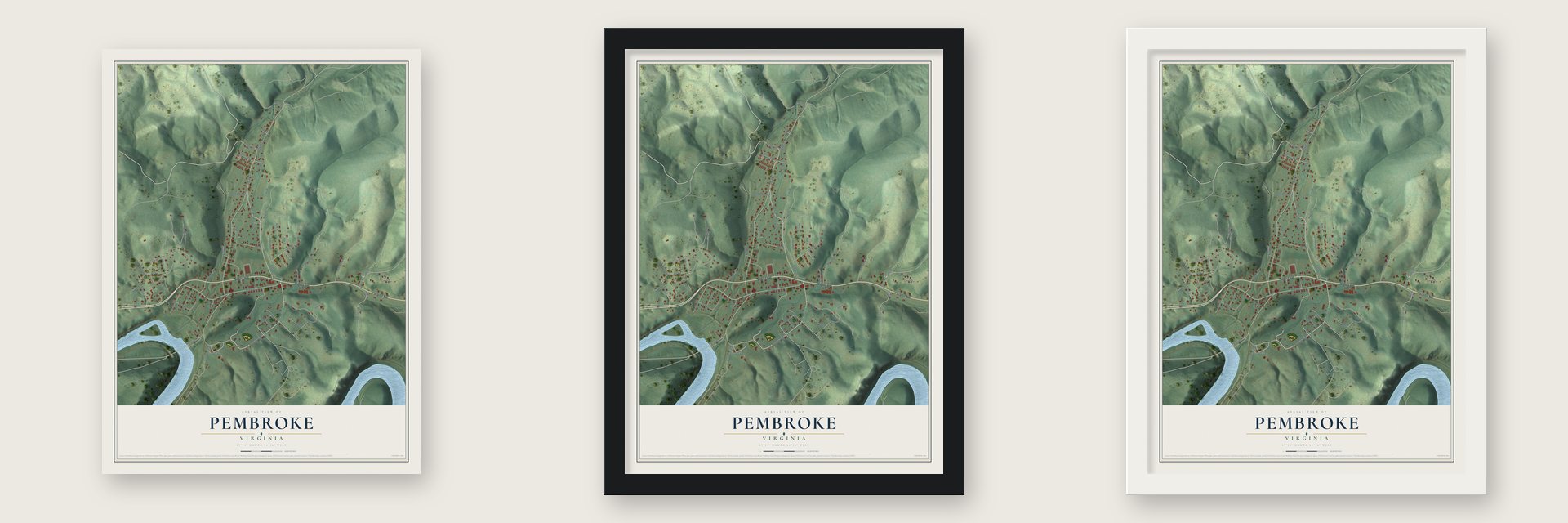 Pembroke, Virginia map unframed, in a black wood frame and in a white wood frame