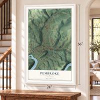 Pembroke, Virginia map, 24 x 36 inch print in a white frame by a staircase