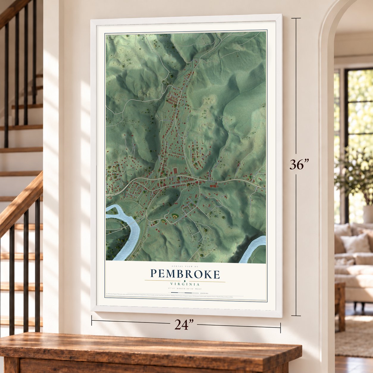 Pembroke, Virginia map, 24 x 36 inch print in a white frame by a staircase