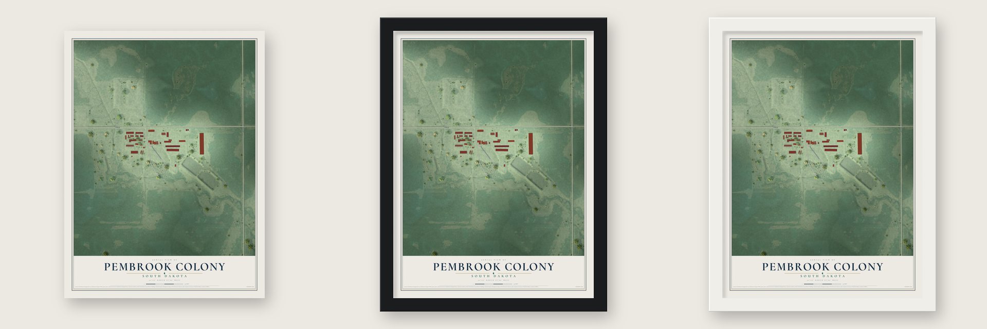 Pembrook Colony, South Dakota map unframed, in a black wood frame and in a white wood frame