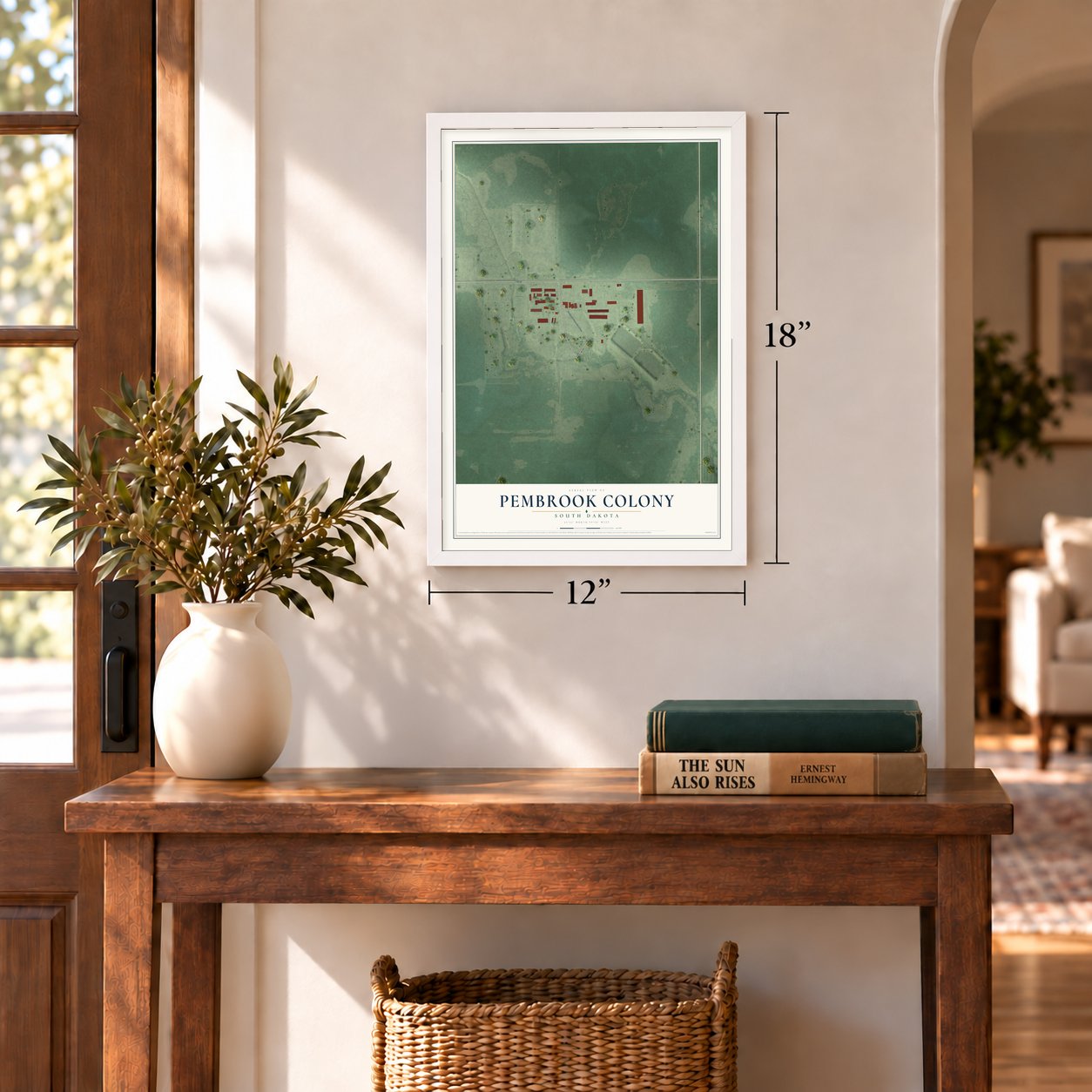 Pembrook Colony, South Dakota map, 12 x 18 inch print in a white frame in an entryway