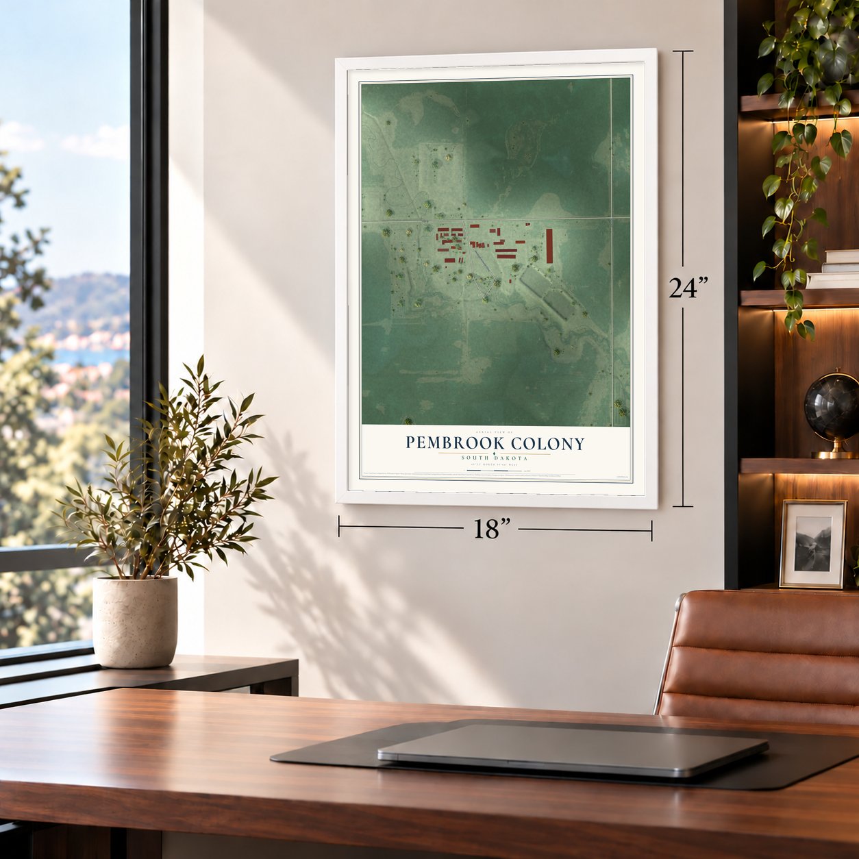 Pembrook Colony, South Dakota map, 18 x 24 inch print in a white frame in a home office