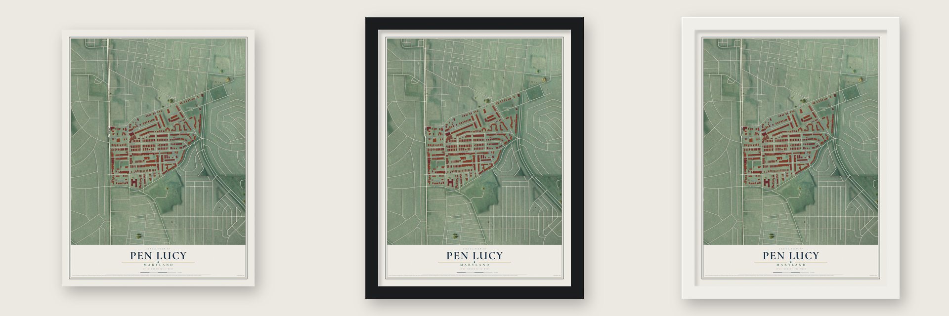 Pen Lucy, Maryland map unframed, in a black wood frame and in a white wood frame