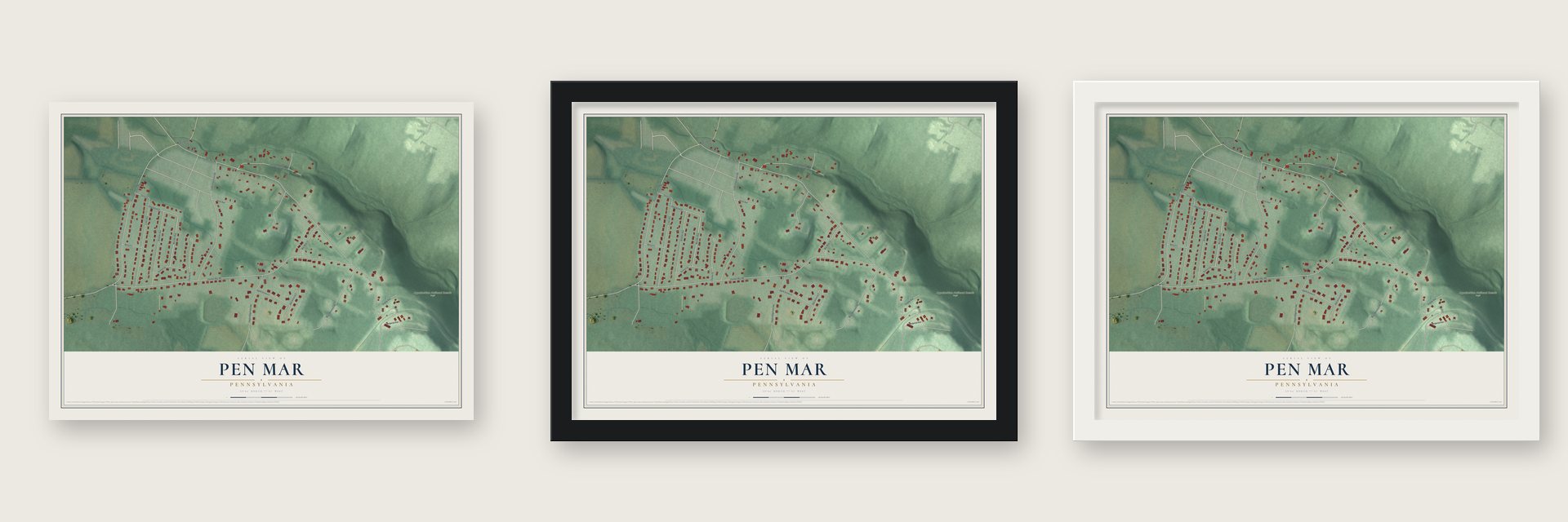 Pen Mar, Pennsylvania map unframed, in a black wood frame and in a white wood frame