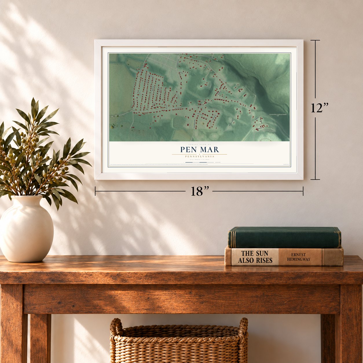 Pen Mar, Pennsylvania map, 12 x 18 inch print in a white frame in an entryway