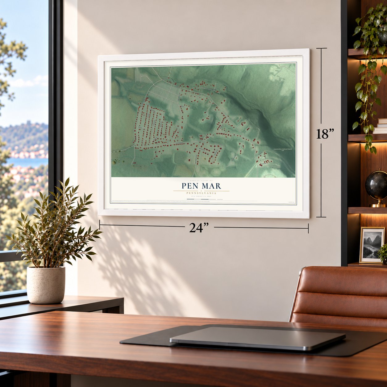 Pen Mar, Pennsylvania map, 18 x 24 inch print in a white frame in a home office