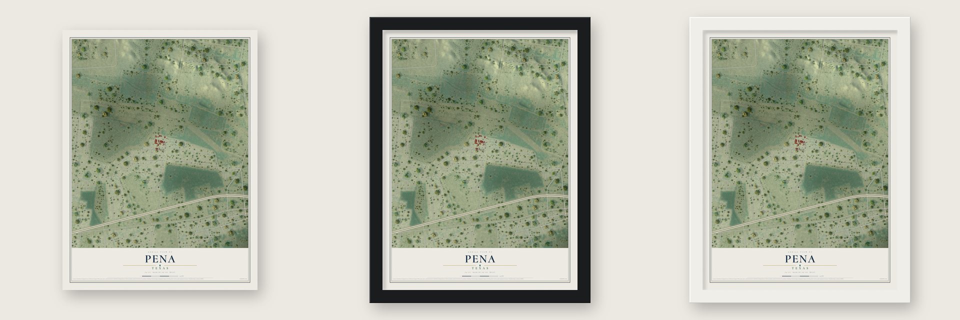 Pena, Texas map unframed, in a black wood frame and in a white wood frame