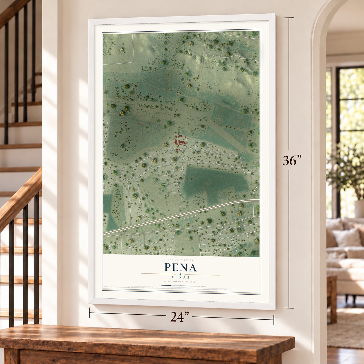 Pena, Texas map, 24 x 36 inch print in a white frame by a staircase